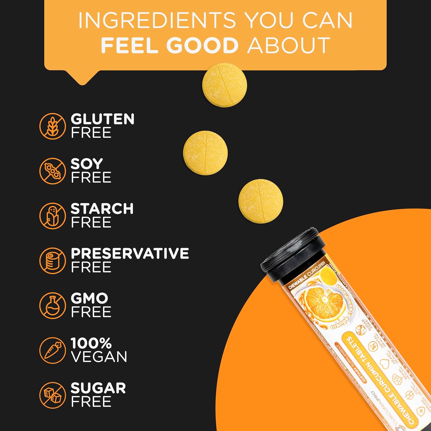 Organic Turmeric Curcumin Chewable Tablets - Sugar-Free Orange Cream Flavor - 18 Count - Supports Movement