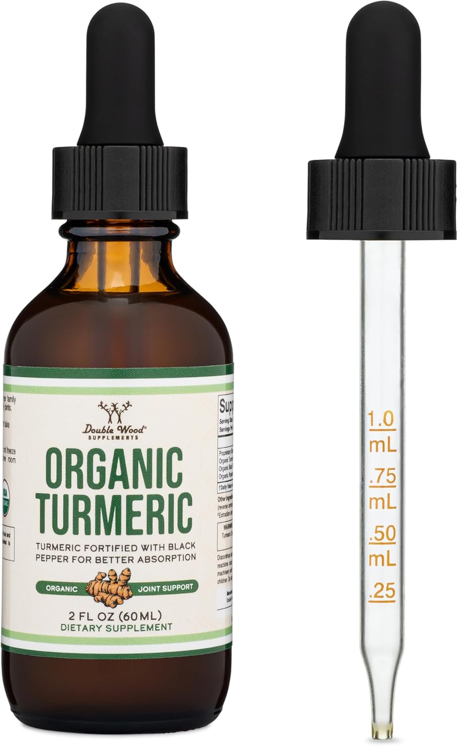Organic Turmeric Curcumin Drops with Black Pepper for Joint Support - 2FL OZ, 60 Servings - Double Wood Supplements