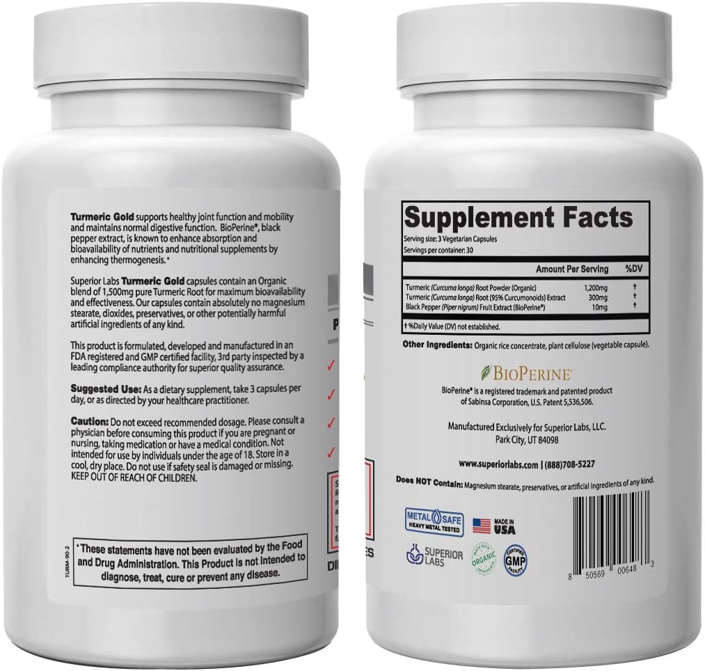 Organic Turmeric Curcumin Supplement with BioPerine - 1500mg Pure NonGMO Blend for Joints, Knees, Hips, and Immune System