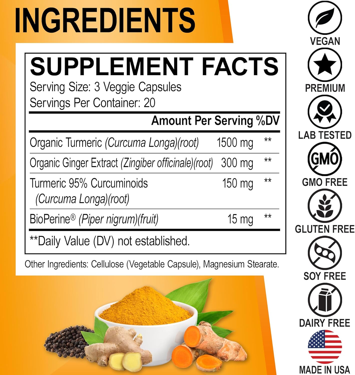 Organic Turmeric Curcumin Supplement with BioPerine & Ginger - 1950mg Capsules for Joint Support and Inflammation Relief
