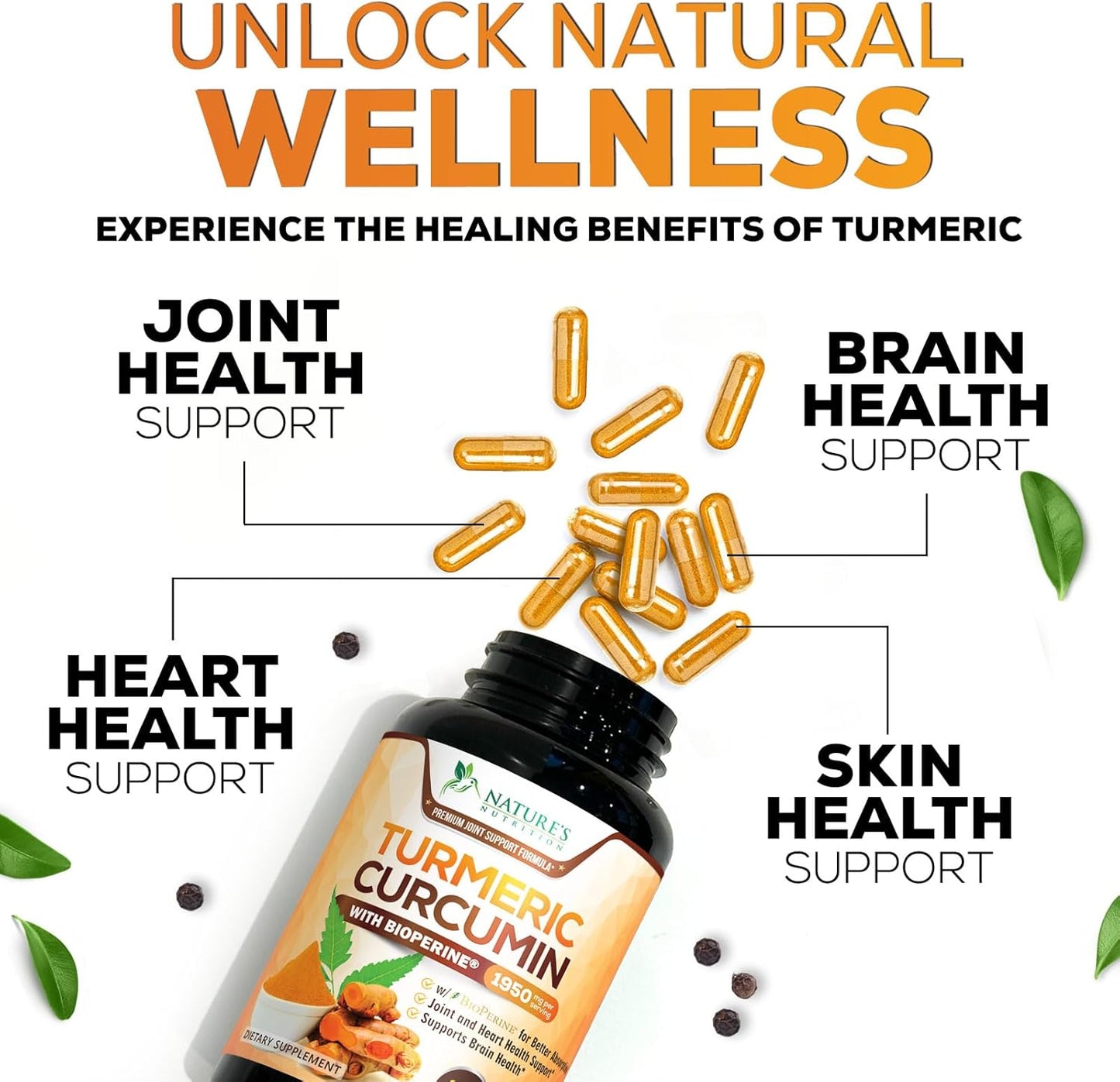 Organic Turmeric Curcumin Supplement with BioPerine for Joint Support - 1950mg, 95% Curcuminoids - Non-GMO Vegan Capsules - 240 Count