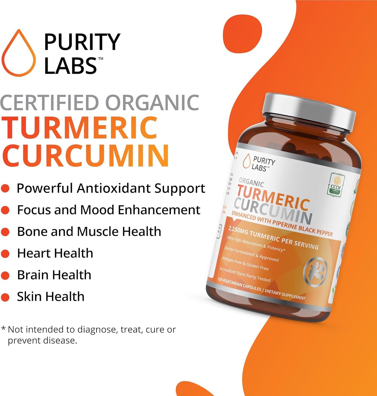 Organic Turmeric Curcumin Supplement with Black Pepper Bioperine - 2,250 MG/Serving, 95% Curcuminoids - Antioxidant Joint, Muscle, and Brain Support - Non-GMO Vegetarian Capsules - 120 Count