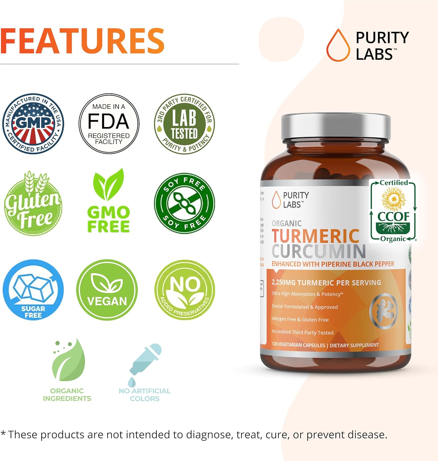 Organic Turmeric Curcumin Supplement with Black Pepper Bioperine - 2,250 MG/Serving, 95% Curcuminoids - Antioxidant Joint, Muscle, and Brain Support - Non-GMO Vegetarian Capsules - 120 Count