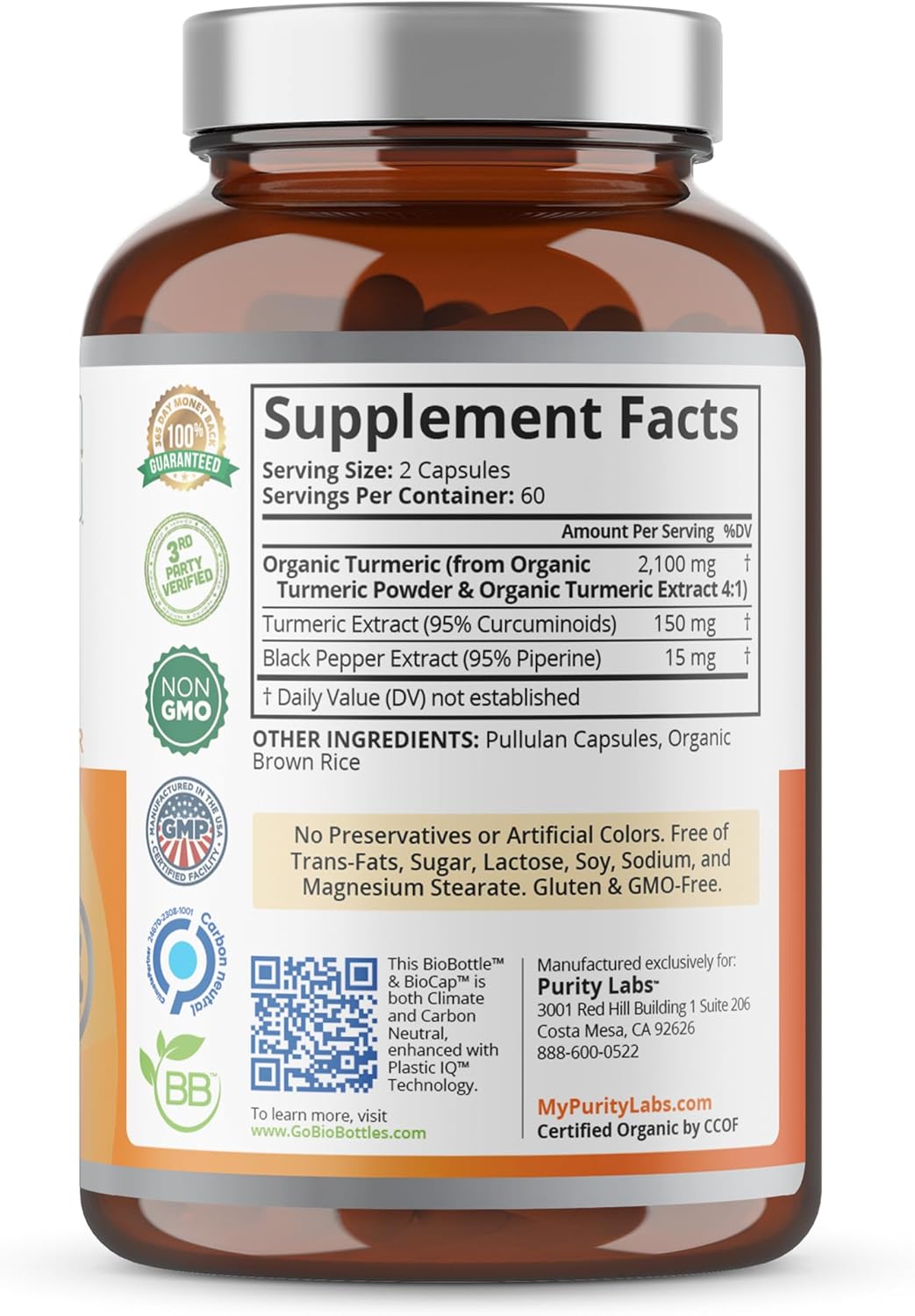 Organic Turmeric Curcumin Supplement with Black Pepper Bioperine - 2,250 MG/Serving, 95% Curcuminoids - Antioxidant Joint, Muscle, and Brain Support - Non-GMO Vegetarian Capsules - 120 Count