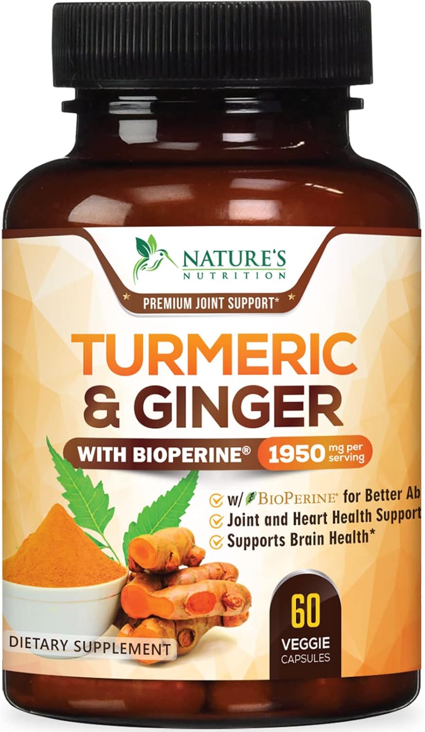 Organic Turmeric Curcumin Supplement with Ginger & BioPerine - 1950mg, 95% Curcuminoids, Vegan Joint Support - 60 Capsules, Non-GMO