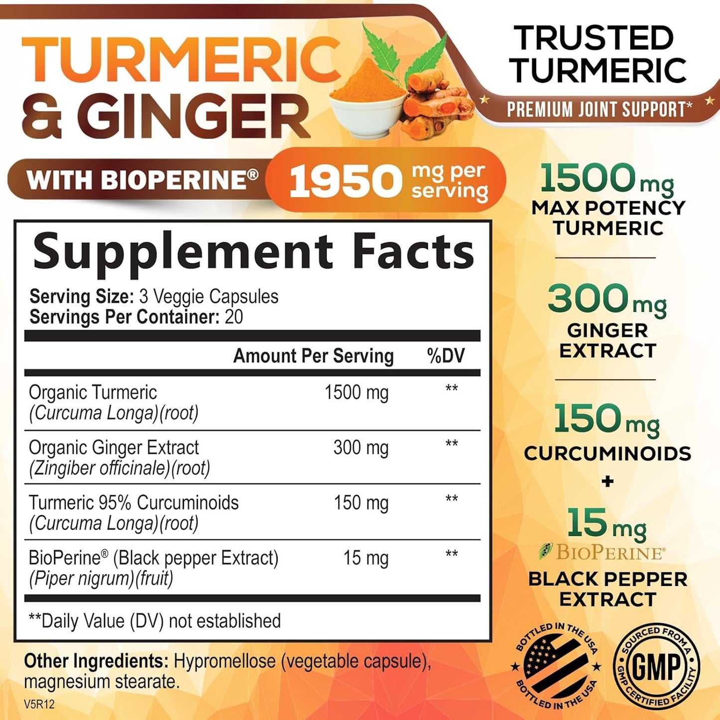 Organic Turmeric Curcumin Supplement with Ginger & BioPerine - 1950mg, 95% Curcuminoids, Vegan Joint Support - 60 Capsules, Non-GMO