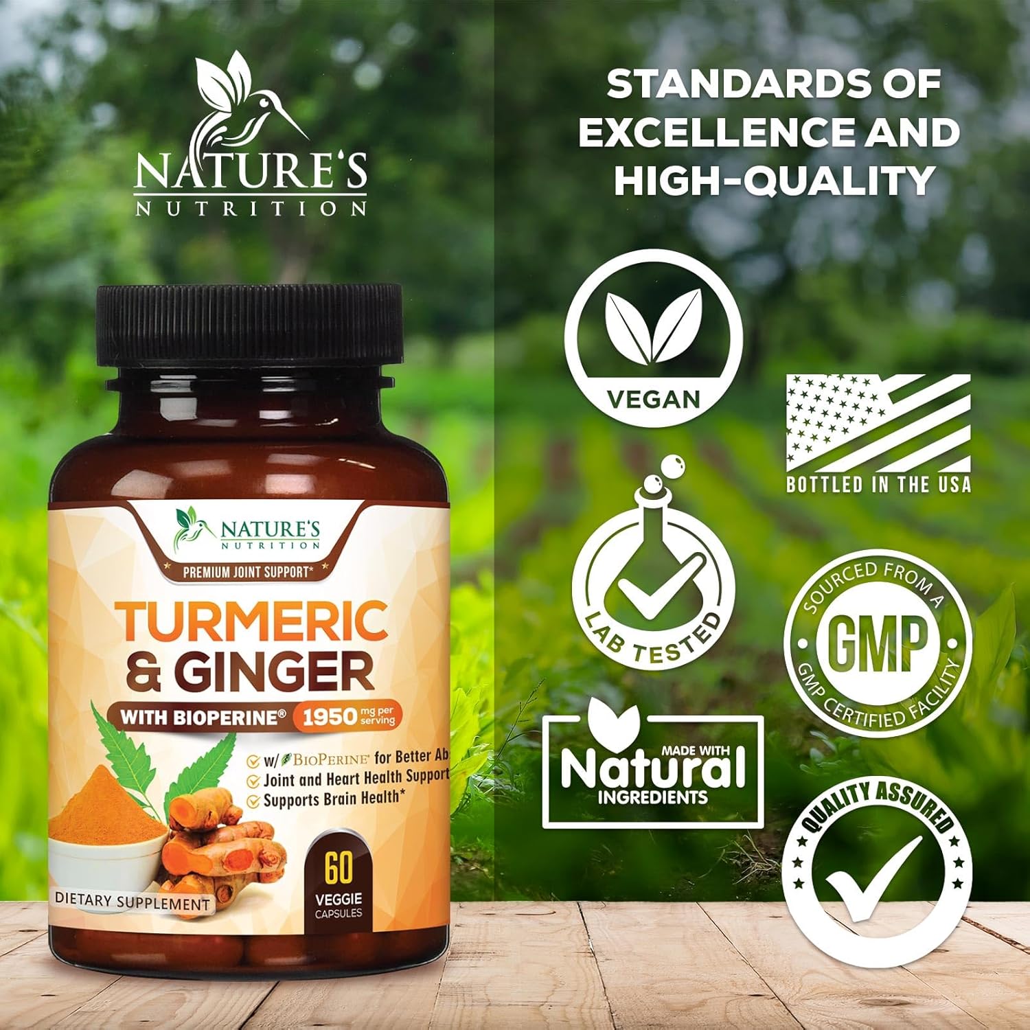 Organic Turmeric Curcumin Supplement with Ginger & BioPerine - 1950mg, 95% Curcuminoids, Vegan Joint Support - 60 Capsules, Non-GMO