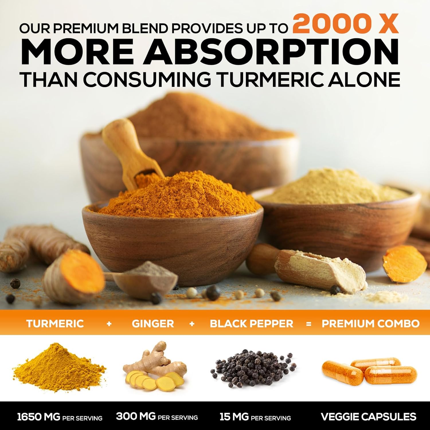 Organic Turmeric Curcumin Supplement with Ginger & BioPerine - 1950mg, 95% Curcuminoids, Vegan Joint Support - 60 Capsules, Non-GMO