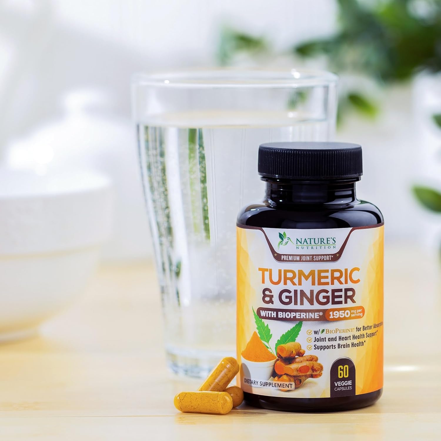 Organic Turmeric Curcumin Supplement with Ginger & BioPerine - 1950mg, 95% Curcuminoids, Vegan Joint Support - 60 Capsules, Non-GMO