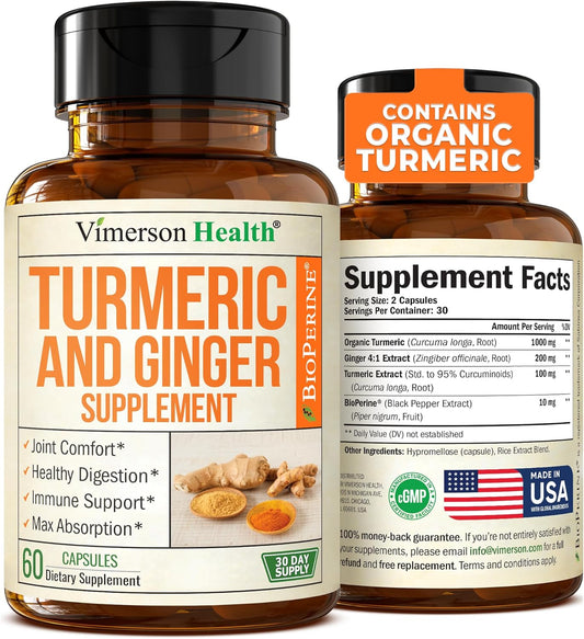 Organic Turmeric Curcumin Supplement with Ginger Root for Joint & Digestive Health - 95% Curcuminoids, Enhanced with Black Pepper for Maximum Absorption - 60 Capsules