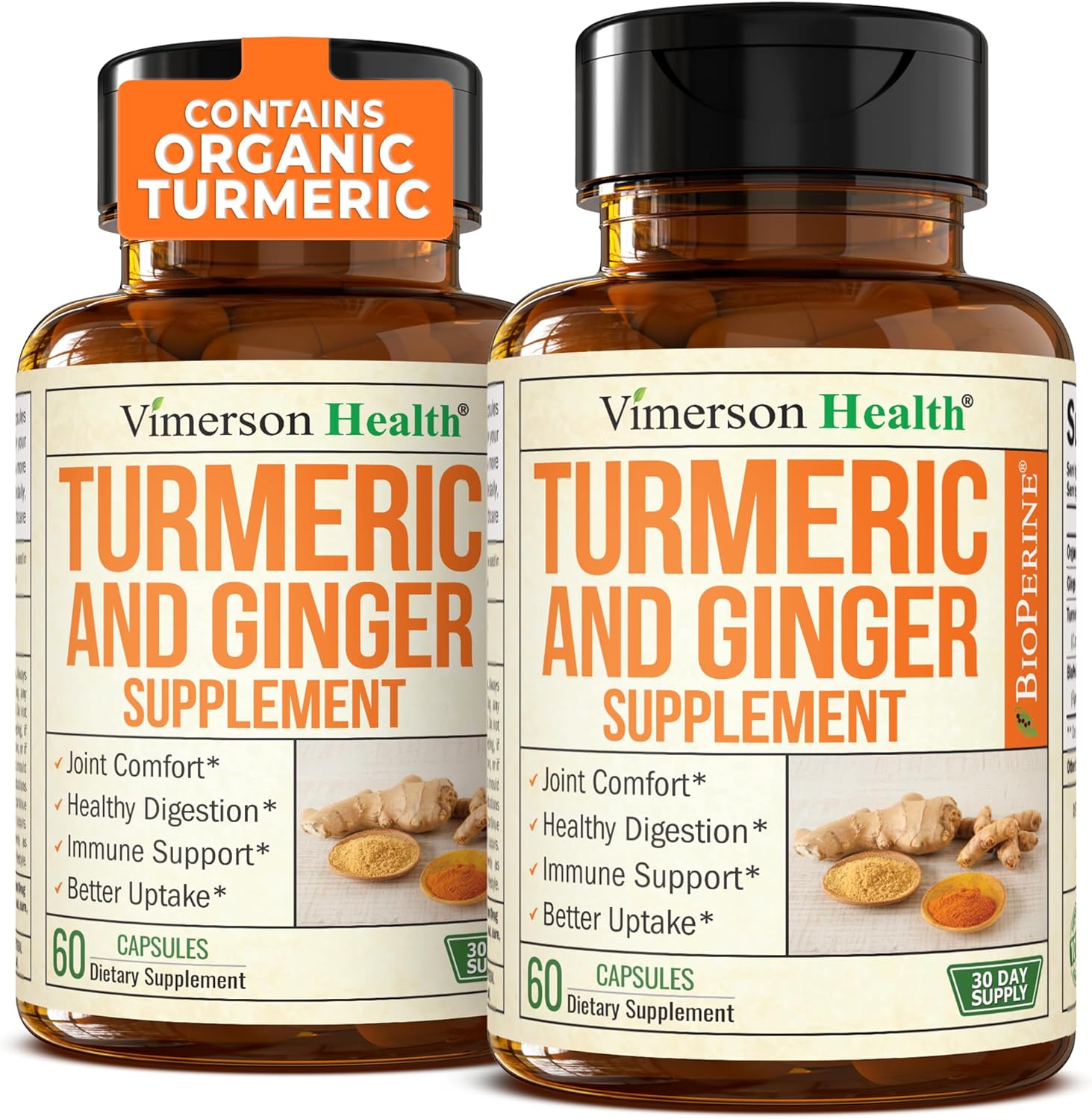 Organic Turmeric Curcumin Supplement with Ginger Root for Joint & Digestion Support - 95% Curcuminoids, Black Pepper for Absorption - 2 Pack