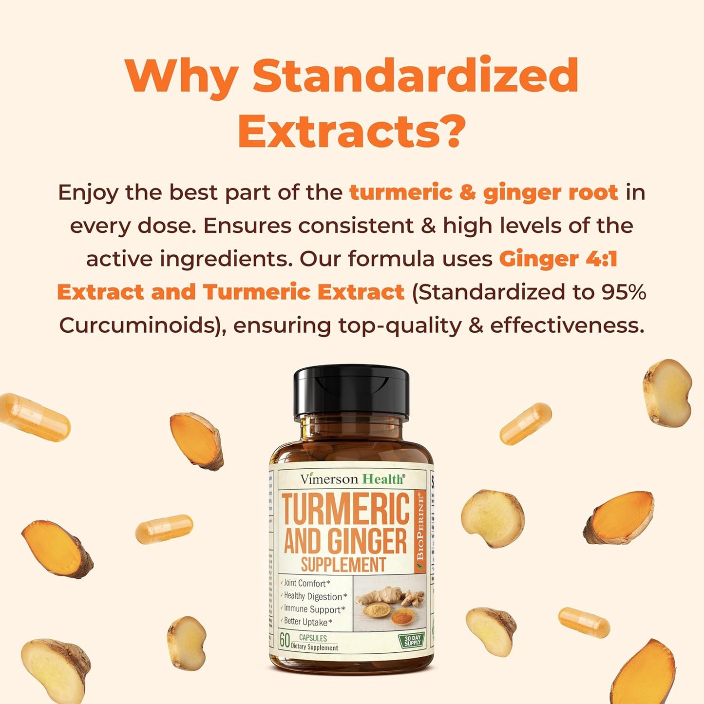 Organic Turmeric Curcumin Supplement with Ginger Root for Joint & Digestive Health - 95% Curcuminoids, Enhanced with Black Pepper for Maximum Absorption - 60 Capsules