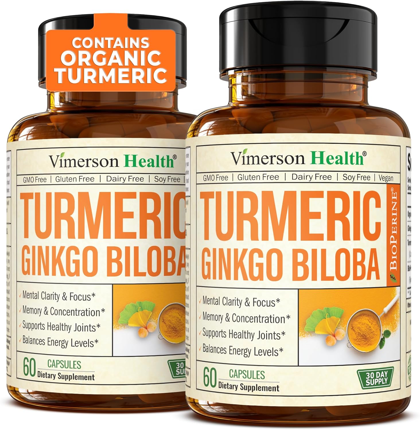 Organic Turmeric Curcumin with Black Pepper & Ginkgo Biloba - Joint Health, Brain Clarity, Memory, Focus, Concentration - Vegan (2 Pack)