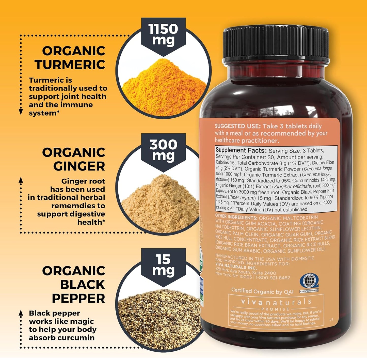 Organic Turmeric Ginger Supplements for Joint & Heart Health - 1450mg per Serving - 95% Curcuminoids - 15mg Black Pepper Extract