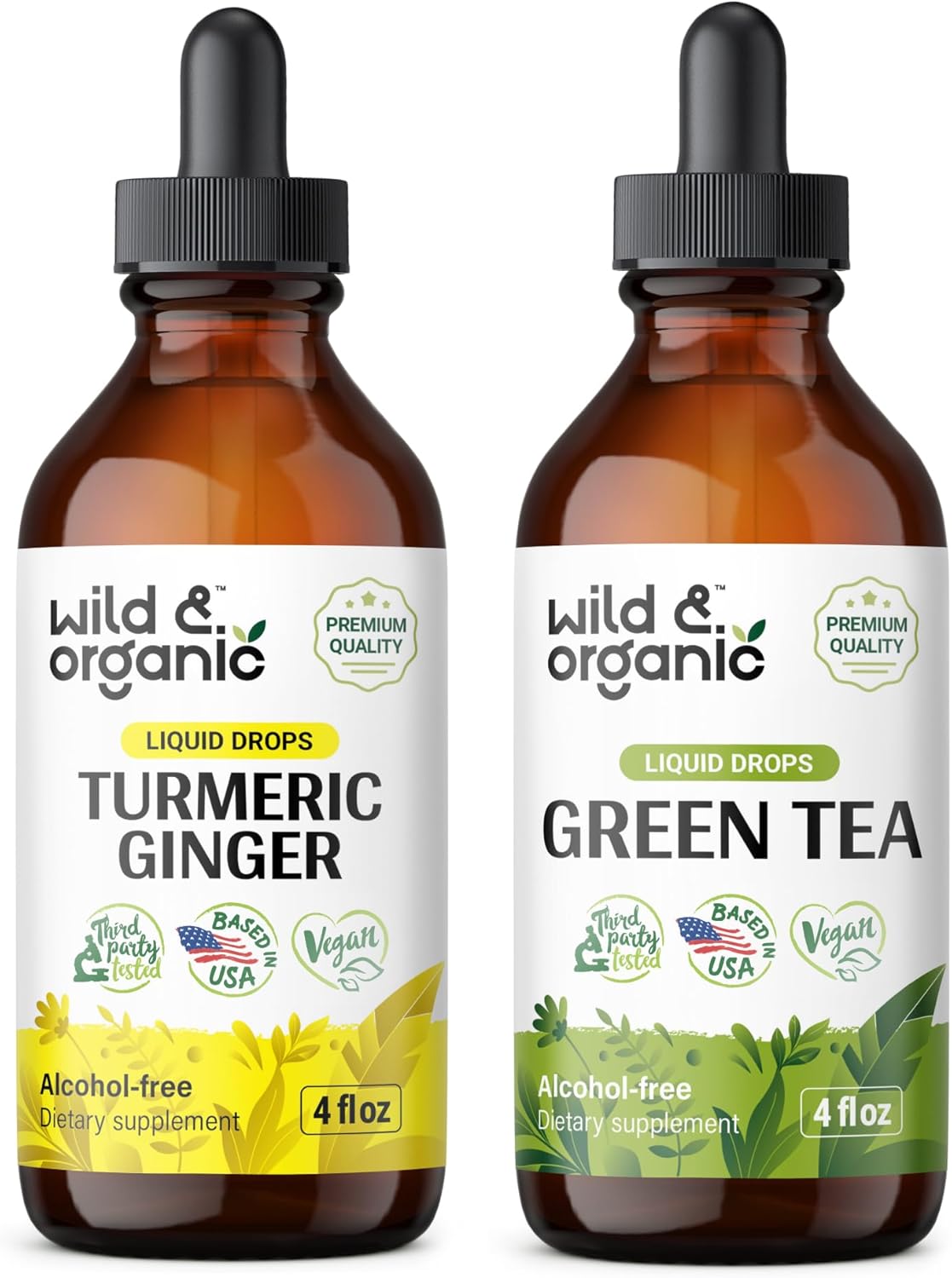Organic Turmeric Ginger Tincture and Green Tea Tincture Bundle 4 fl oz - Wildcrafted Immune Support Supplements