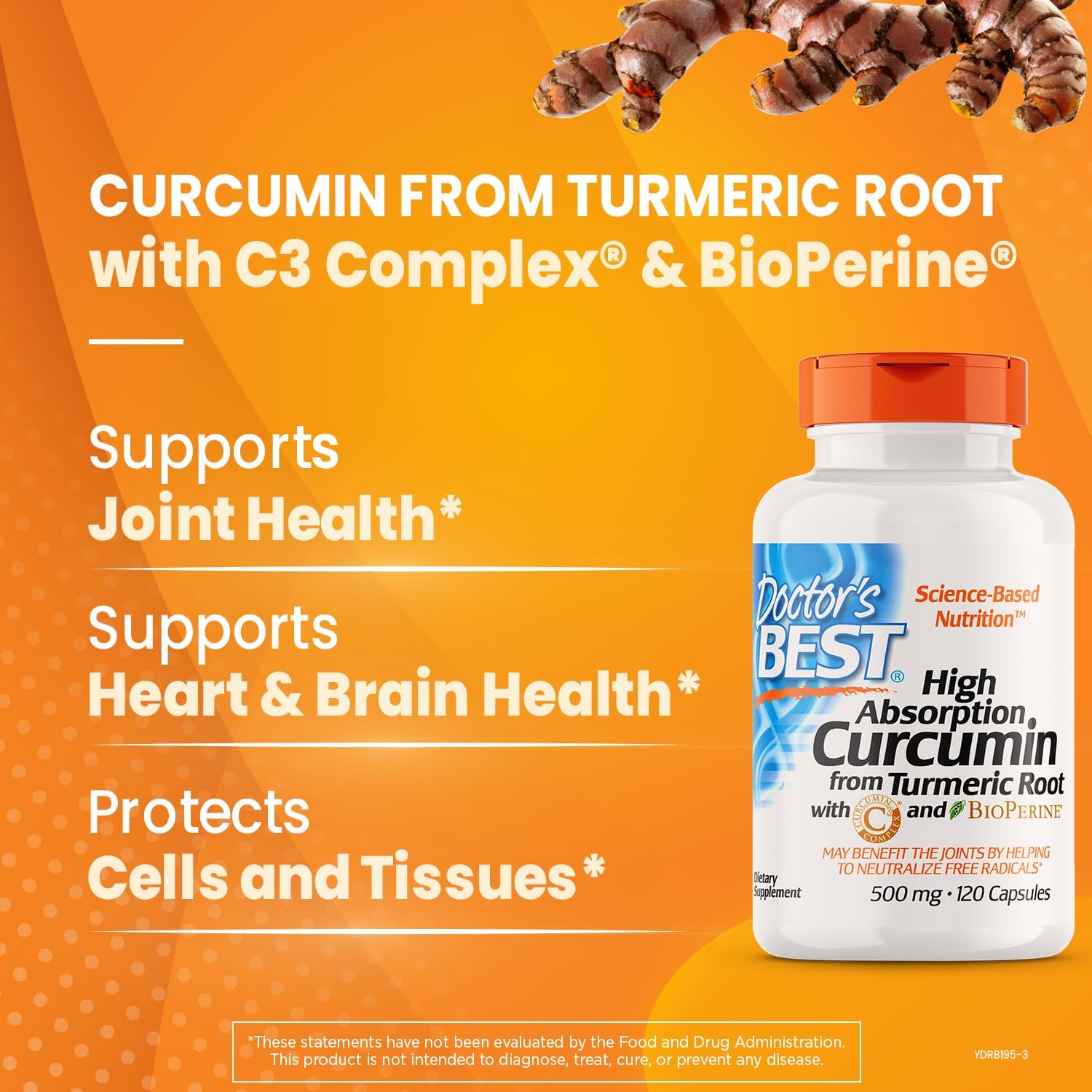 Organic Turmeric Root Curcumin Supplement for Joint Support, 1000mg, Non-GMO, Gluten-Free, Soy-Free, 120 Tablets, C3 Complex & BioPerine for Free Radical Neutralization