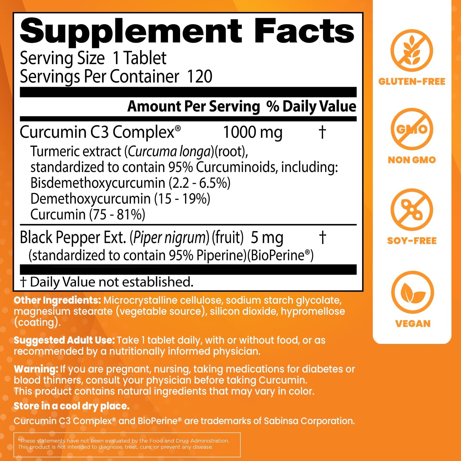 Organic Turmeric Root Curcumin Supplement for Joint Support, 1000mg, Non-GMO, Gluten-Free, Soy-Free, 120 Tablets, C3 Complex & BioPerine for Free Radical Neutralization