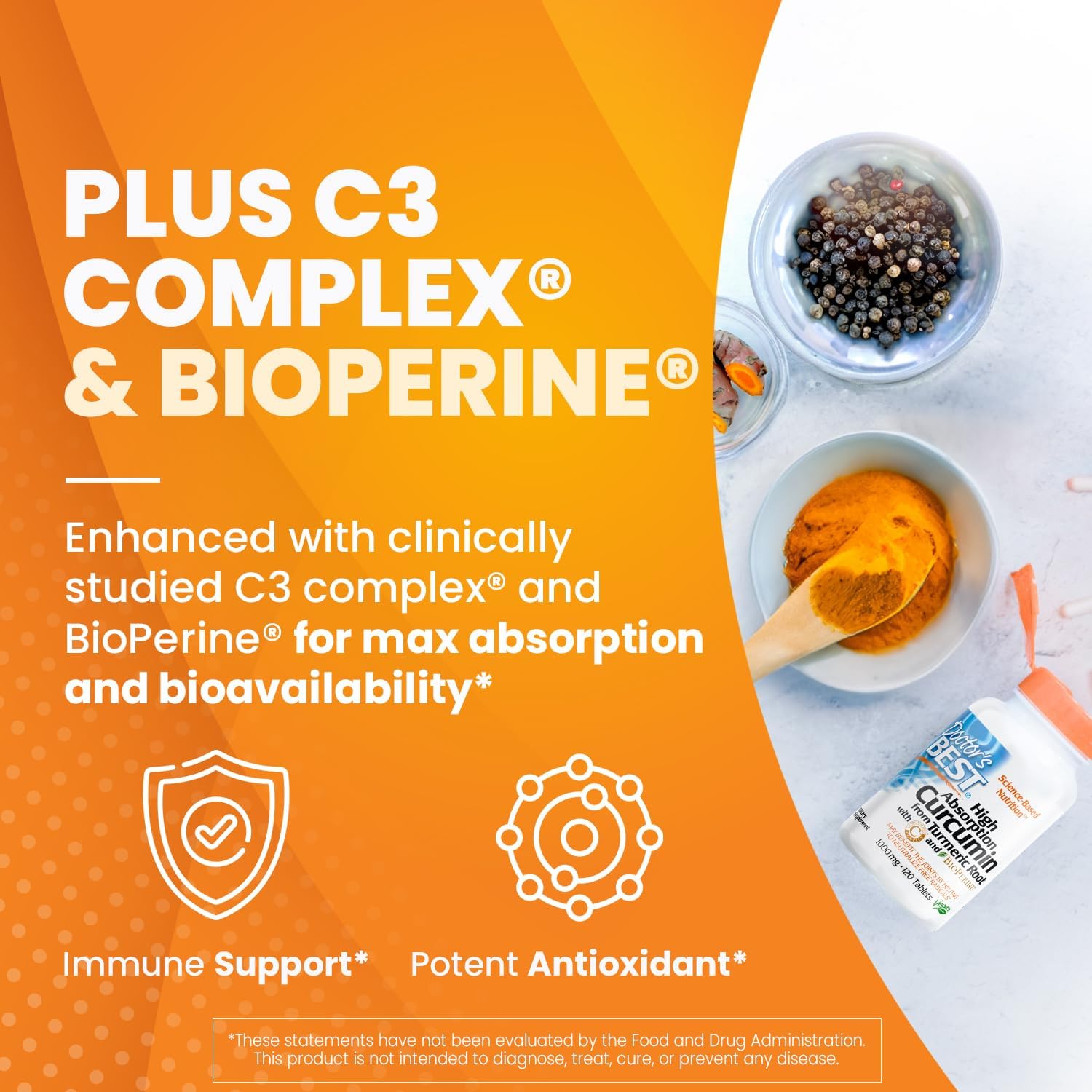 Organic Turmeric Root Curcumin Supplement for Joint Support, 1000mg, Non-GMO, Gluten-Free, Soy-Free, 120 Tablets, C3 Complex & BioPerine for Free Radical Neutralization