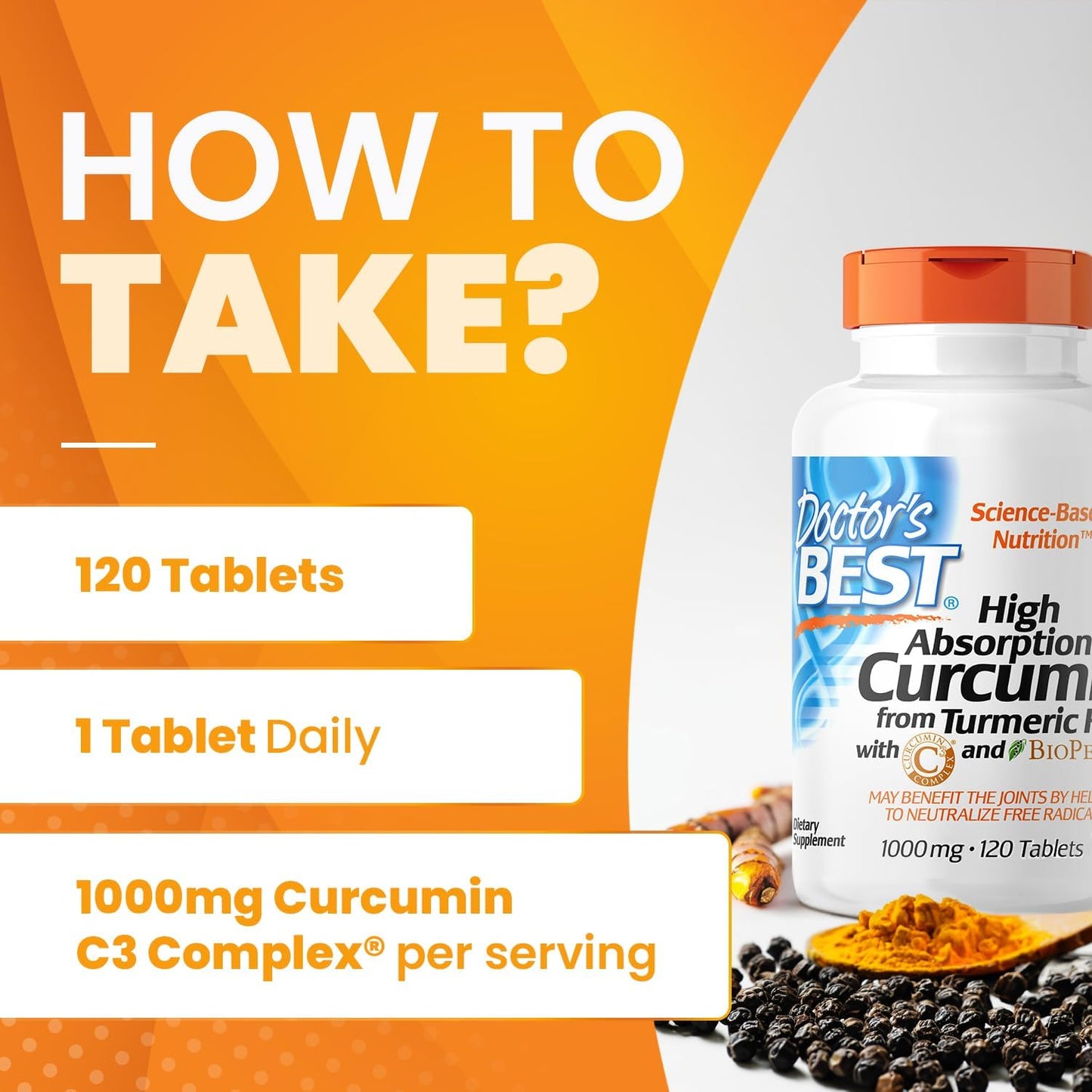 Organic Turmeric Root Curcumin Supplement for Joint Support, 1000mg, Non-GMO, Gluten-Free, Soy-Free, 120 Tablets, C3 Complex & BioPerine for Free Radical Neutralization
