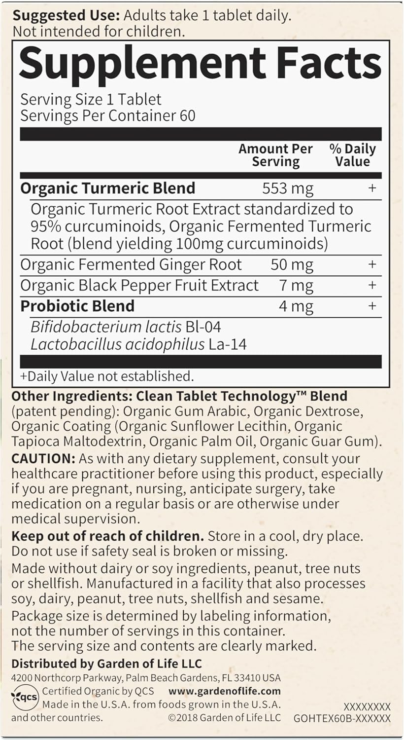 Organic Turmeric Supplement with Probiotics and Black Pepper - 60 Tablets, 100mg Curcumin, Inflammatory Support, Non-GMO Vegan Gluten Free