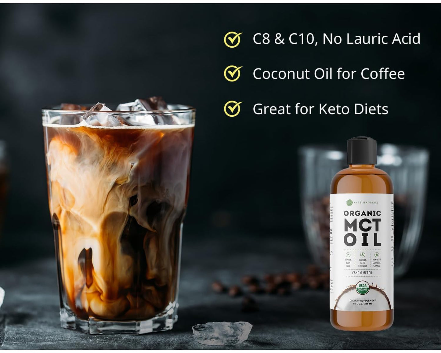 Organic Unflavored Coconut MCT Oil for Coffee by Kate Naturals - 8oz Pure C8 and C10 Oil