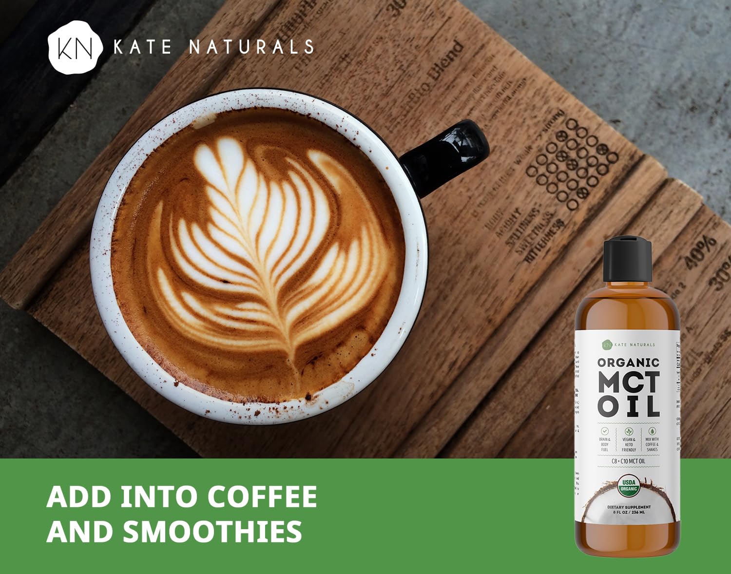 Organic Unflavored Coconut MCT Oil for Coffee by Kate Naturals - 8oz Pure C8 and C10 Oil