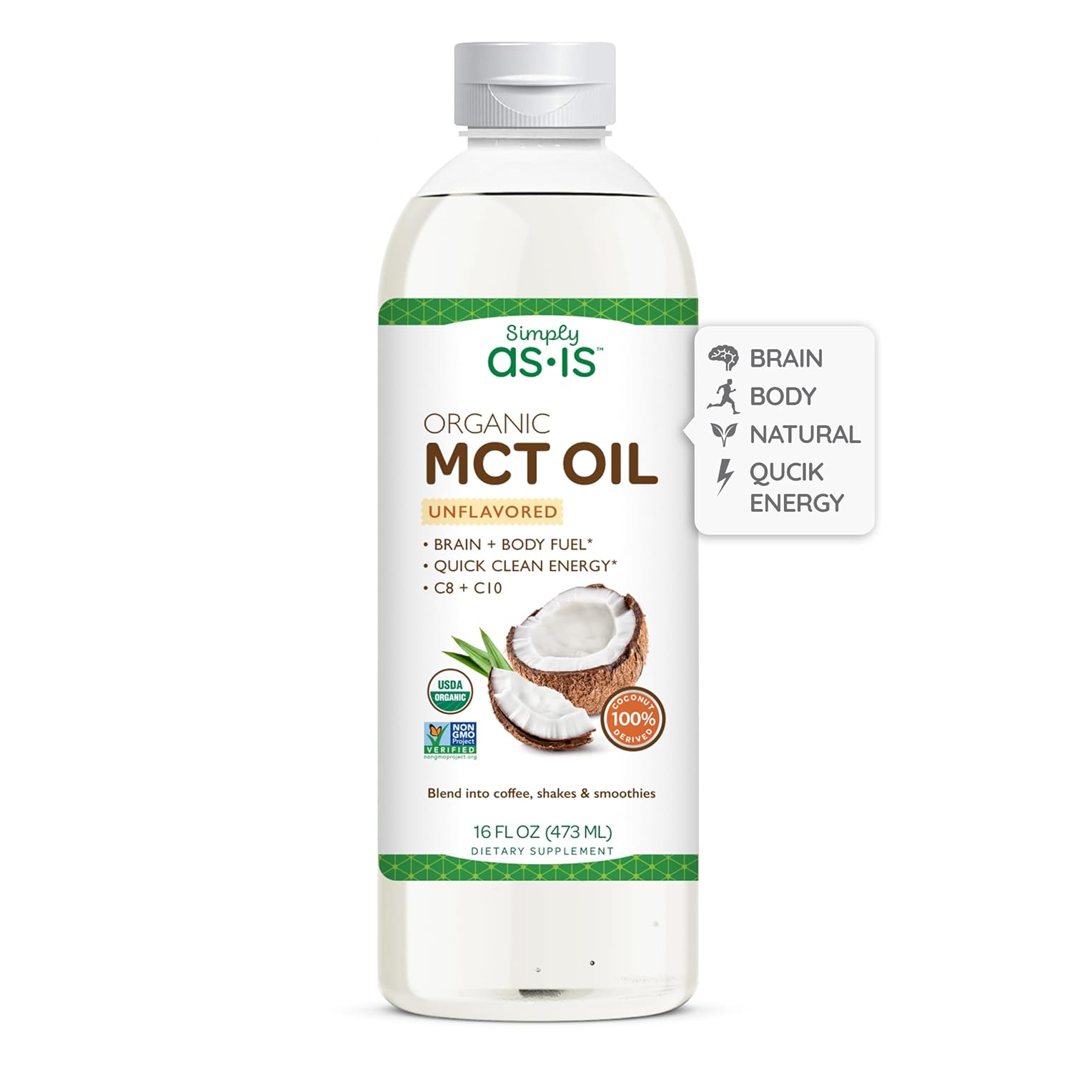 Organic Unflavored MCT Oil with C8 & C10 from Non-GMO Coconuts - Ideal for Coffee - Quick Clean Energy - 16 fl oz