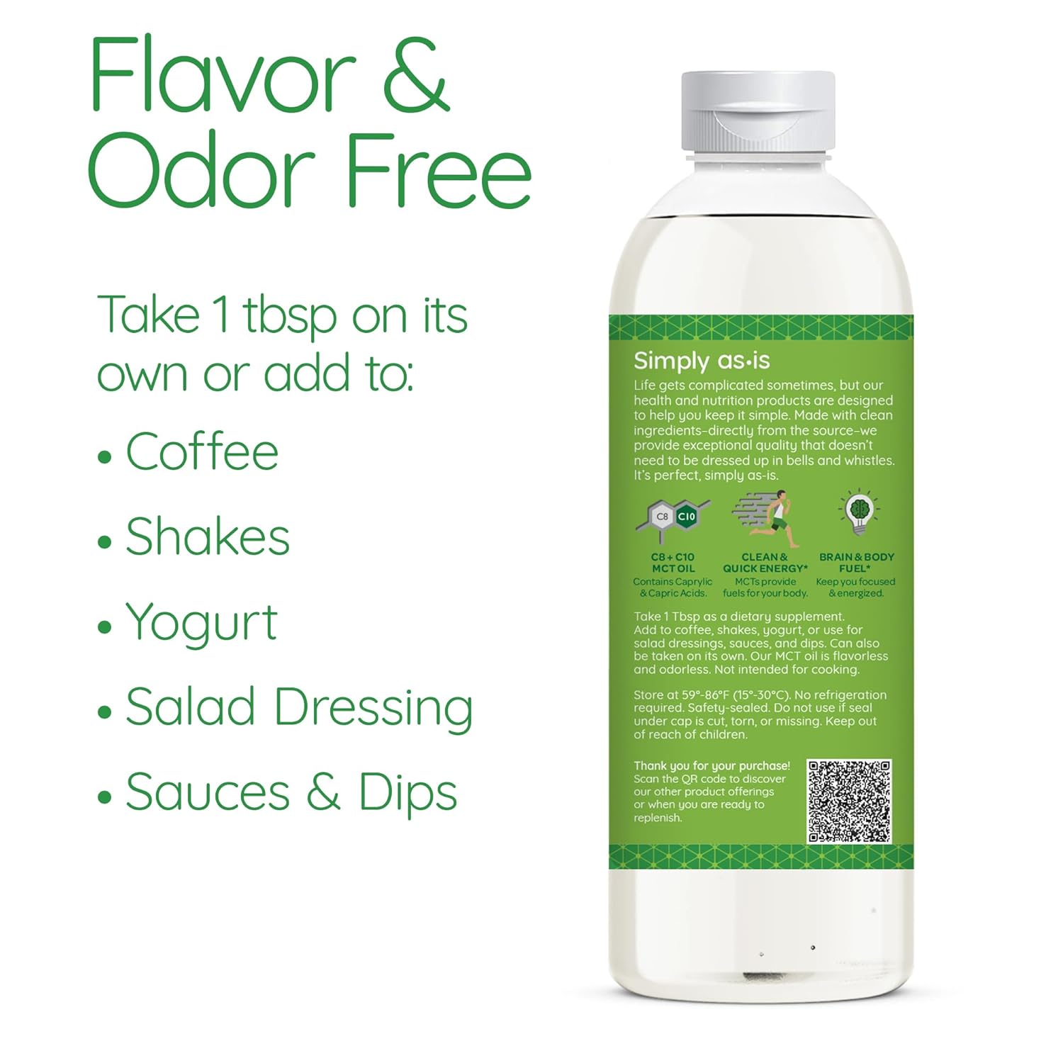 Organic Unflavored MCT Oil with C8 & C10 from Non-GMO Coconuts - Ideal for Coffee - Quick Clean Energy - 16 fl oz