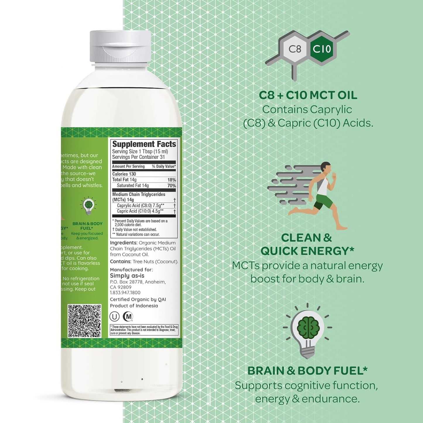 Organic Unflavored MCT Oil with C8 & C10 from Non-GMO Coconuts - Ideal for Coffee - Quick Clean Energy - 16 fl oz