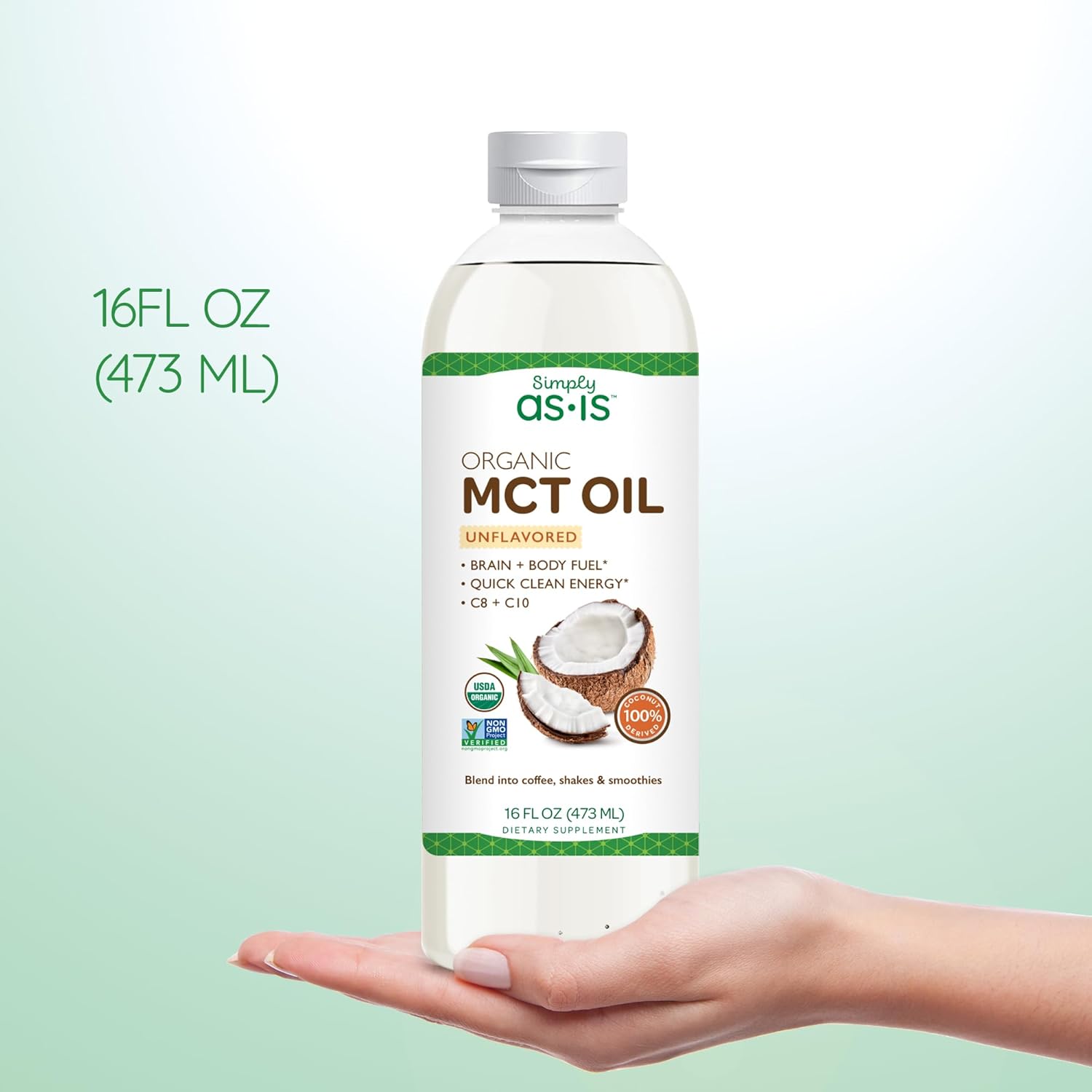 Organic Unflavored MCT Oil with C8 & C10 from Non-GMO Coconuts - Ideal for Coffee - Quick Clean Energy - 16 fl oz