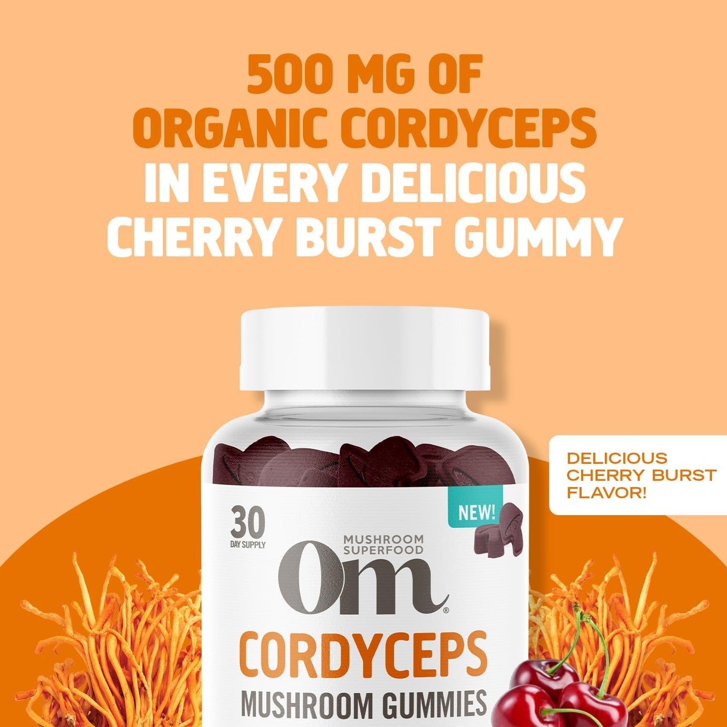 Organic USA Grown OM Mushroom Cordyceps Gummies - 60 Count, 30 Servings - Energy, Endurance, Recovery Support