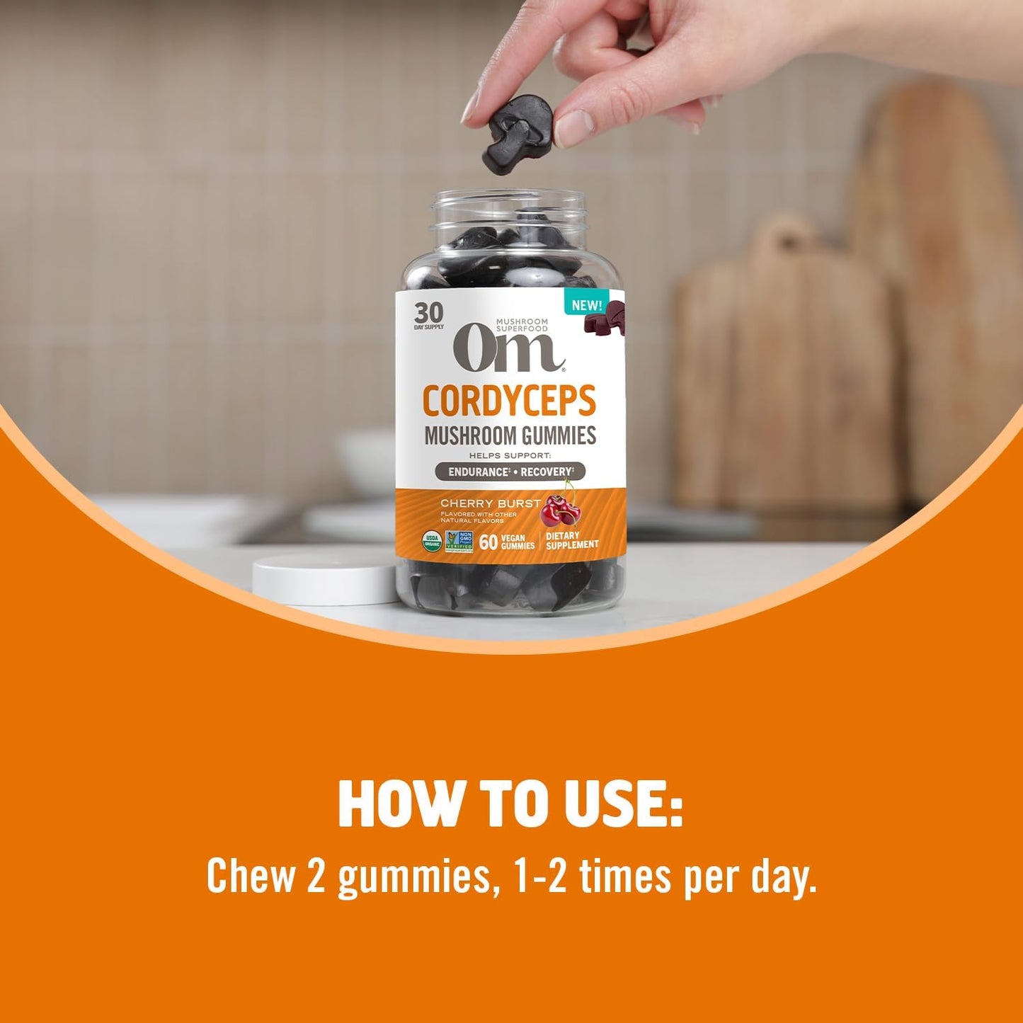 Organic USA Grown OM Mushroom Cordyceps Gummies - 60 Count, 30 Servings - Energy, Endurance, Recovery Support