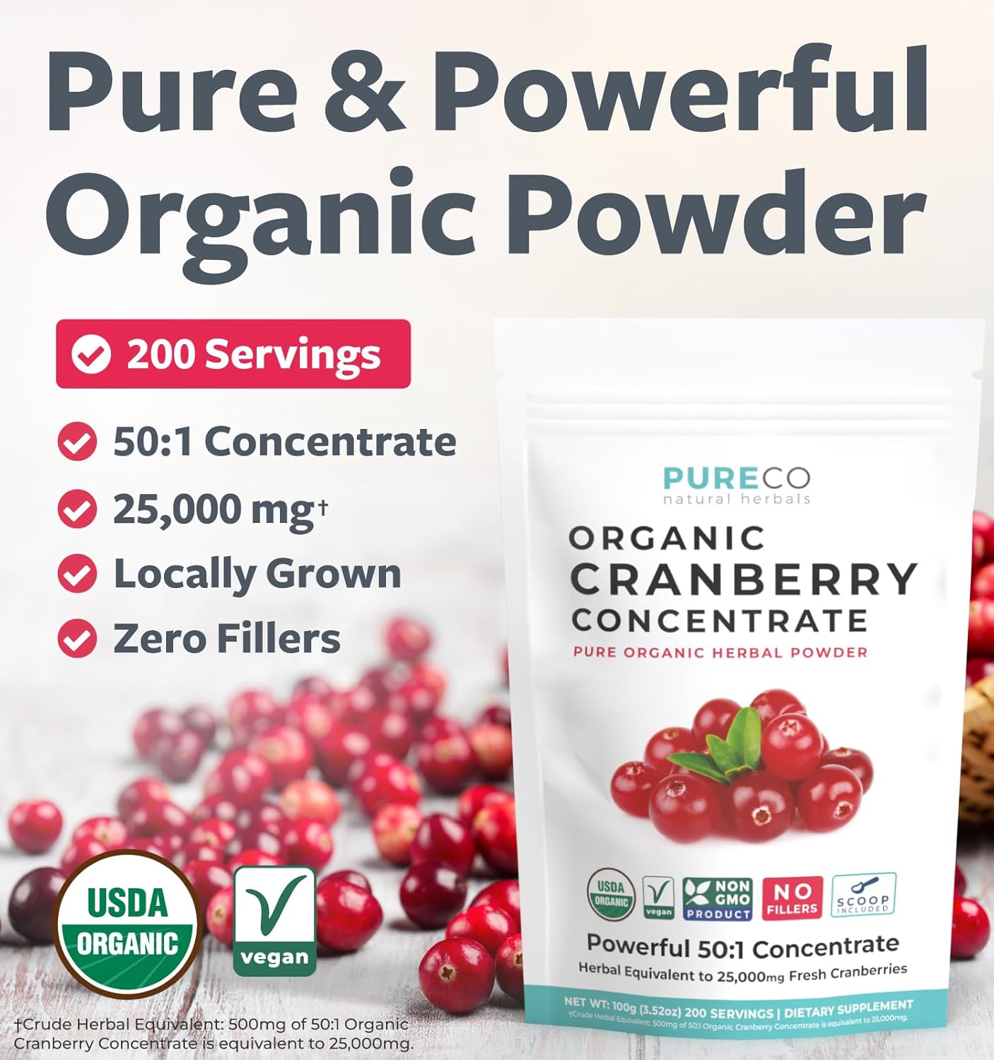 Organic USDA Certified Cranberry Powder - Supports Urinary Tract Health - Pure Concentrate Vegan Non-GMO (200 Servings)