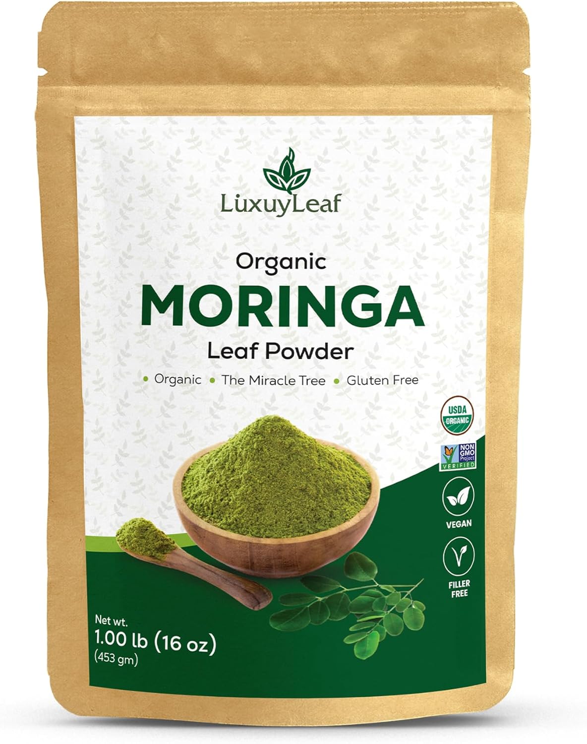 Organic USDA Certified Moringa Leaf Powder - 16 Ounce - Non-GMO - Raw & Natural - LuxuryLeaf