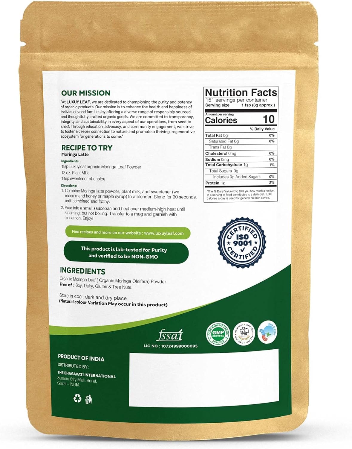 Organic USDA Certified Moringa Leaf Powder - 16 Ounce - Non-GMO - Raw & Natural - LuxuryLeaf