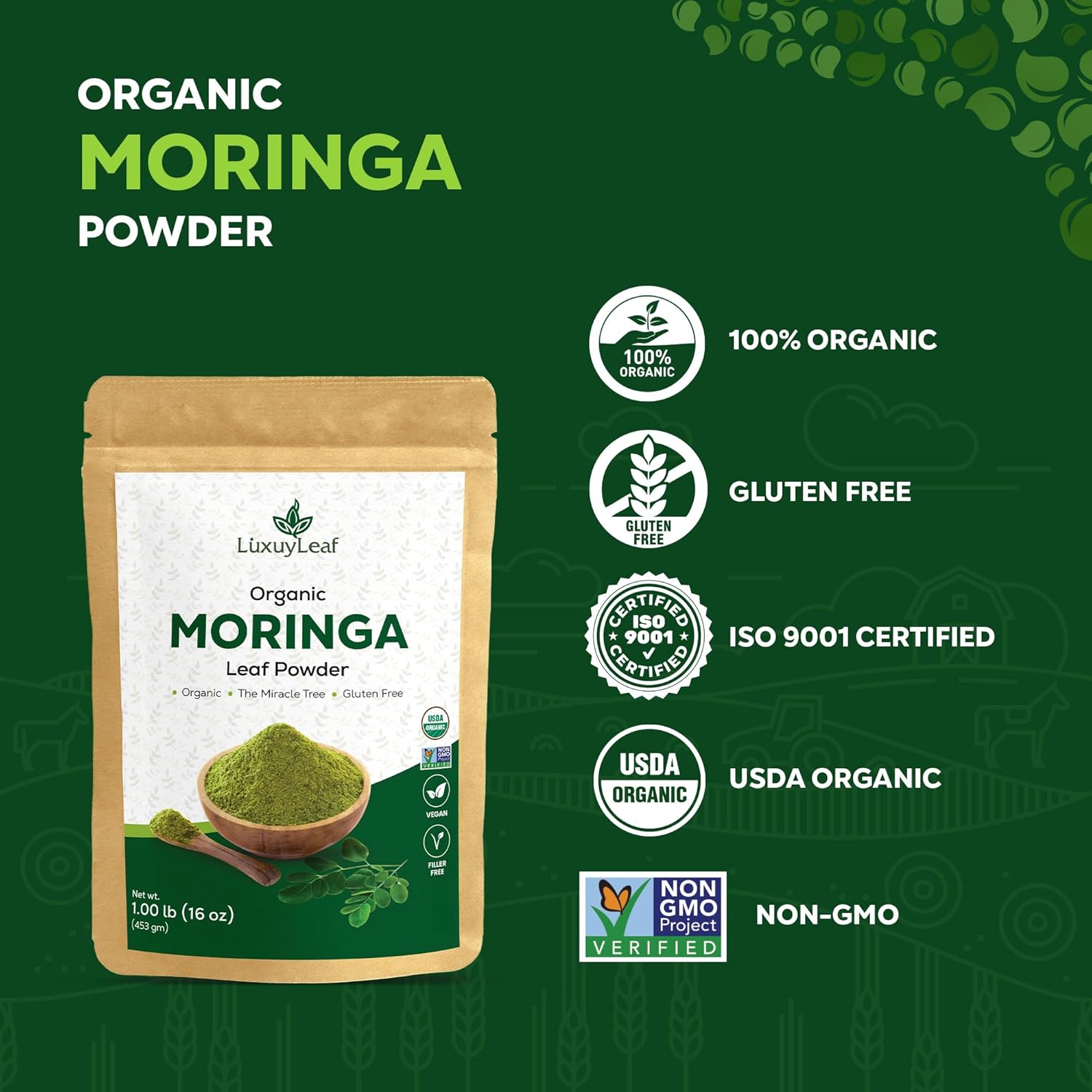 Organic USDA Certified Moringa Leaf Powder - 16 Ounce - Non-GMO - Raw & Natural - LuxuryLeaf