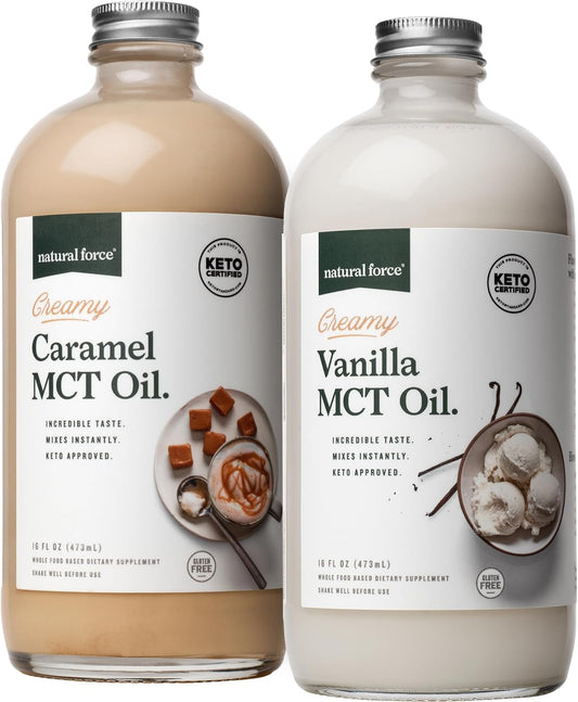 Organic Vanilla and Caramel Flavored MCT Oil Bundle - Gluten-Free, Non GMO, Emulsified MCTs - Keto, Paleo, Vegan - 2x 16oz Glass Bottles