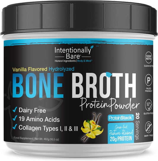 Organic Vanilla Bone Broth Protein Powder with Grass-Fed Collagen Types 1, 2 & 3 - Keto-Friendly Joint & Gut Support - 20 Servings