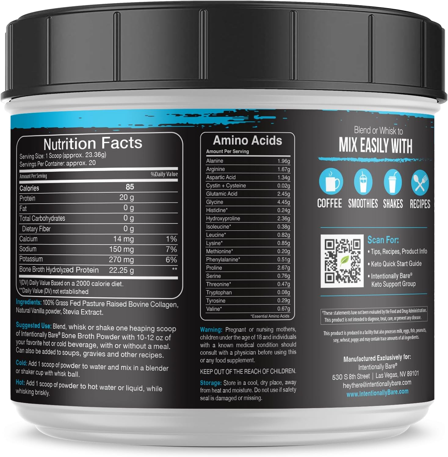 Organic Vanilla Bone Broth Protein Powder with Grass-Fed Collagen Types 1, 2 & 3 - Keto-Friendly Joint & Gut Support - 20 Servings