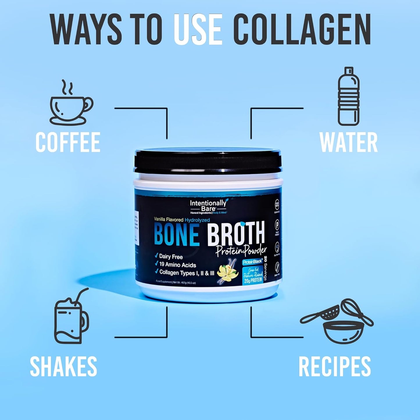 Organic Vanilla Bone Broth Protein Powder with Grass-Fed Collagen Types 1, 2 & 3 - Keto-Friendly Joint & Gut Support - 20 Servings