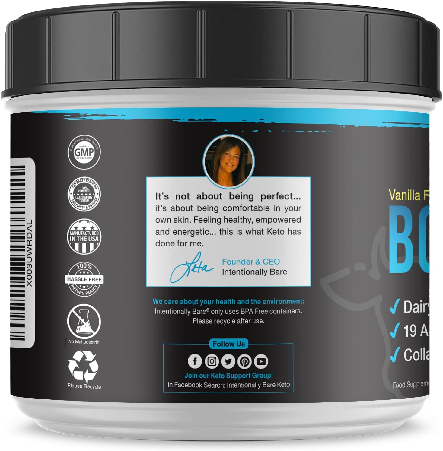 Organic Vanilla Bone Broth Protein Powder with Grass-Fed Collagen Types 1, 2 & 3 - Keto-Friendly Joint & Gut Support - 20 Servings
