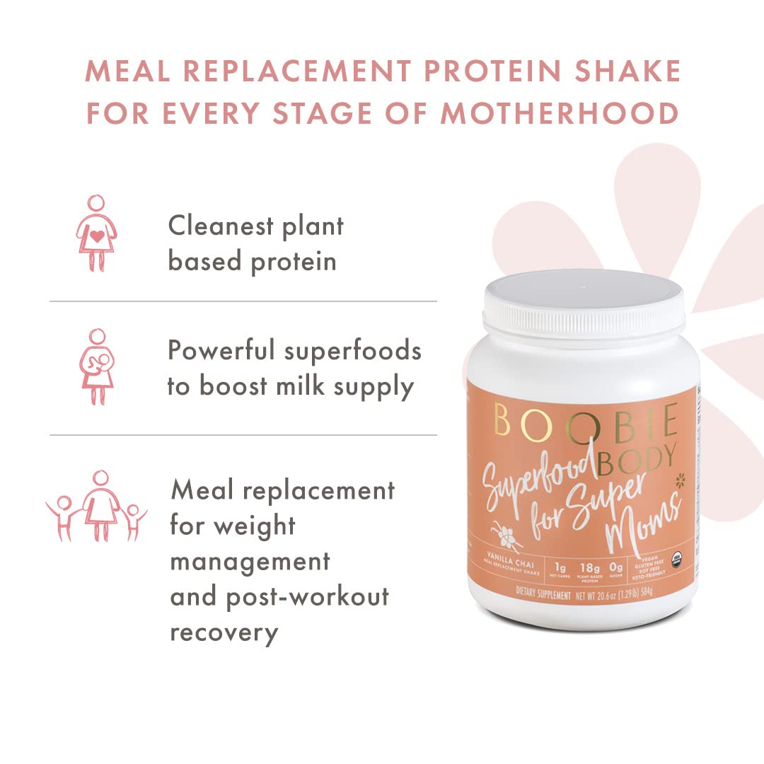 Organic Vanilla Chai Protein Shake for Pregnancy & Lactation | Vegan Superfood Meal Replacement Shake with 19g Protein | Boobie Body Brand | Zero Sugar, 20.5 oz Tub