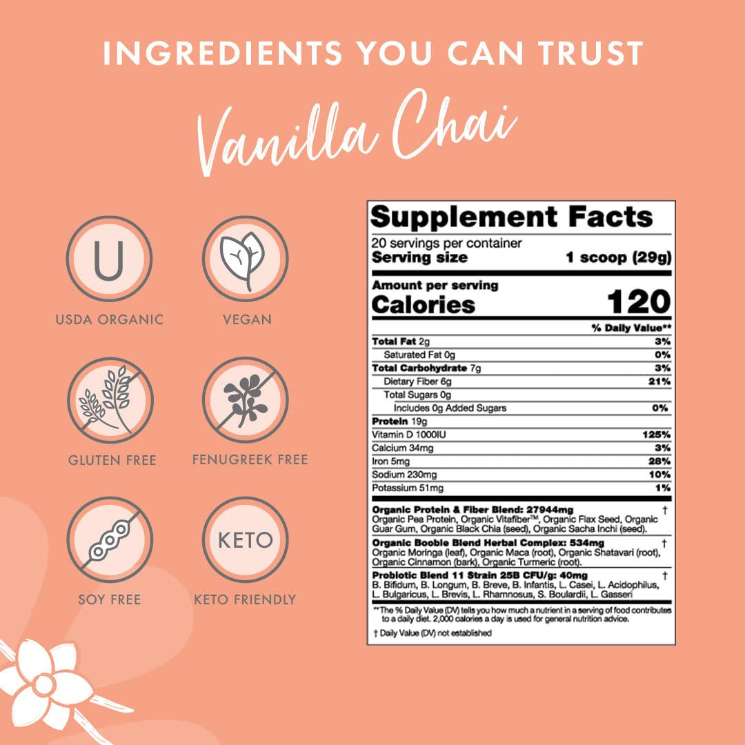Organic Vanilla Chai Protein Shake for Pregnancy & Lactation | Vegan Superfood Meal Replacement Shake with 19g Protein | Boobie Body Brand | Zero Sugar, 20.5 oz Tub