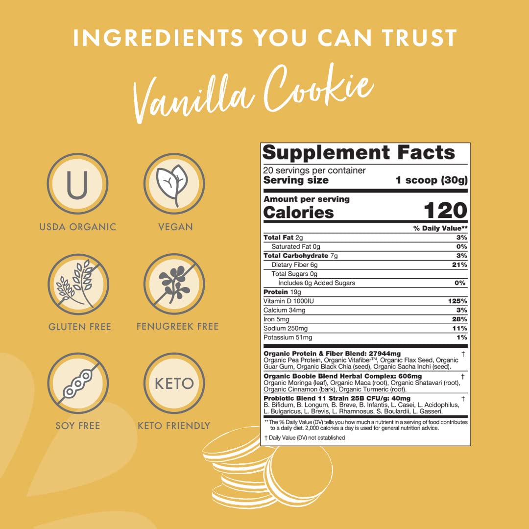 Organic Vanilla Cookie Flavored Boobie Body Superfood Protein Shake - Safe for Pregnancy & Lactation - 19g Protein - Vegan - Zero Sugar - 21 oz.