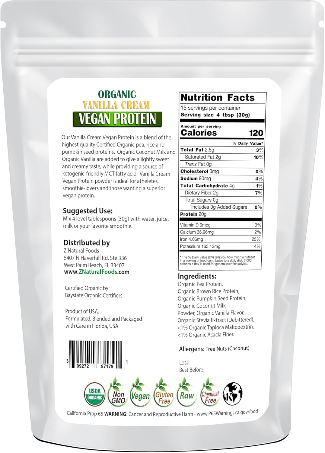 Organic Vanilla Cream Vegan Protein Powder - 1 lb, All Natural & Non-GMO Vegan Supplement