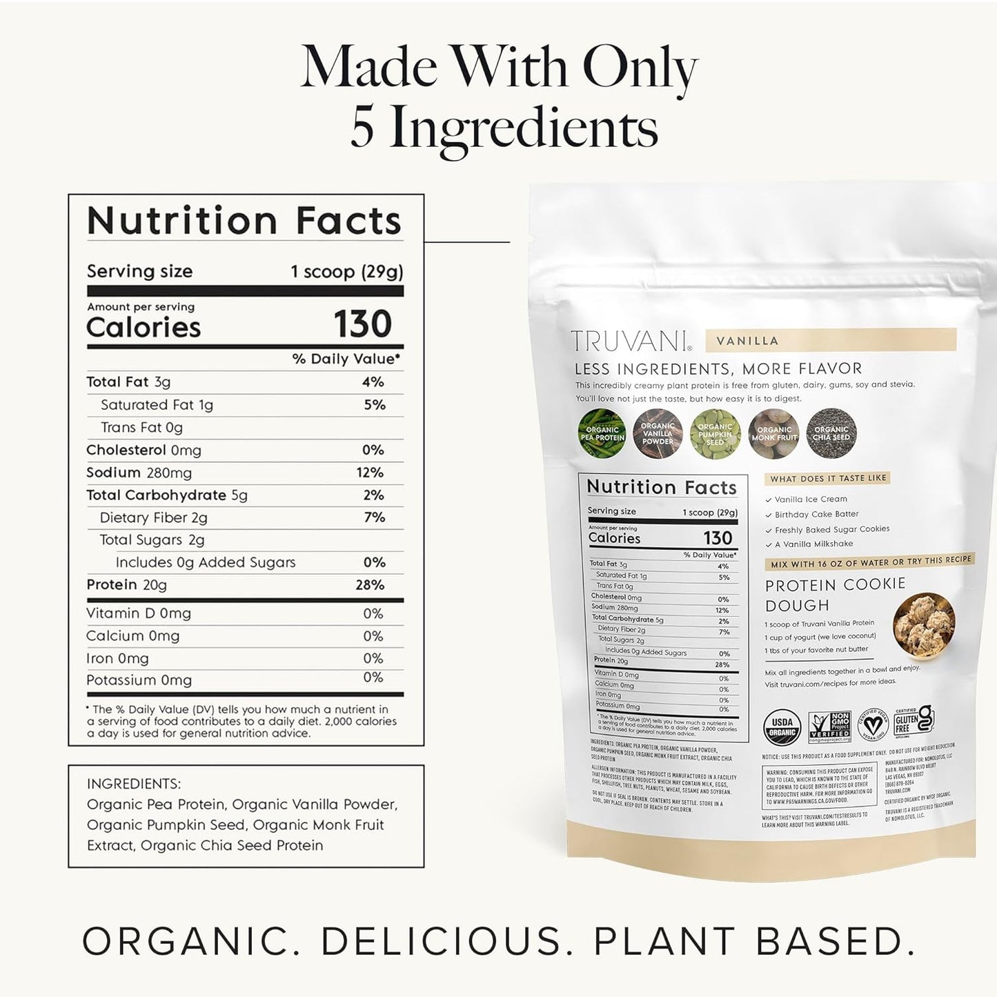 Organic Vanilla Pea Protein Powder - 20g Plant Based Protein per Serving - Keto-Friendly, Gluten & Dairy Free - 20 Servings