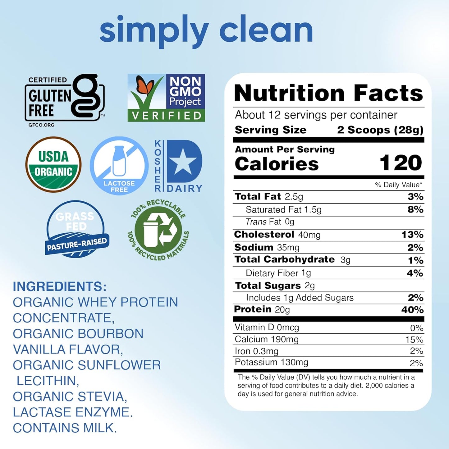 Organic Vanilla Whey Protein Powder - Lactose-Free, Non-GMO, Gluten-Free, Kosher - 20g Protein Per Serving - 12 Oz Jar