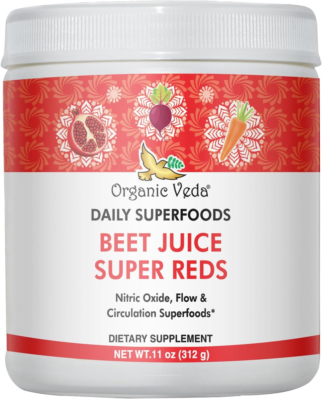Organic Veda Beet Root Powder Juice Supplement for Circulation, Energy, and Stamina - Superfood Reds with Nitric Oxide - Vegan, Non-GMO - 11 oz