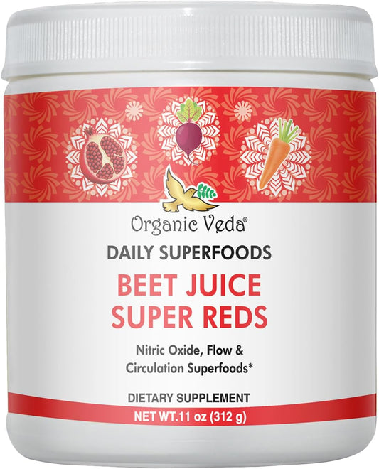 Organic Veda Beet Root Powder Juice Supplement for Circulation, Energy, and Stamina - Superfood Reds with Nitric Oxide - Vegan, Non-GMO - 11 oz