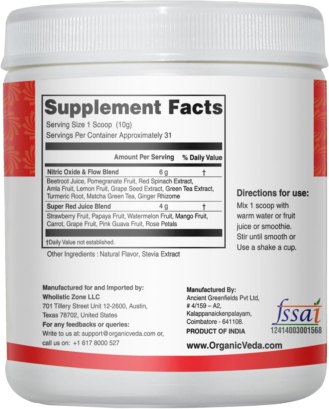 Organic Veda Beet Root Powder Juice Supplement for Circulation, Energy, and Stamina - Superfood Reds with Nitric Oxide - Vegan, Non-GMO - 11 oz